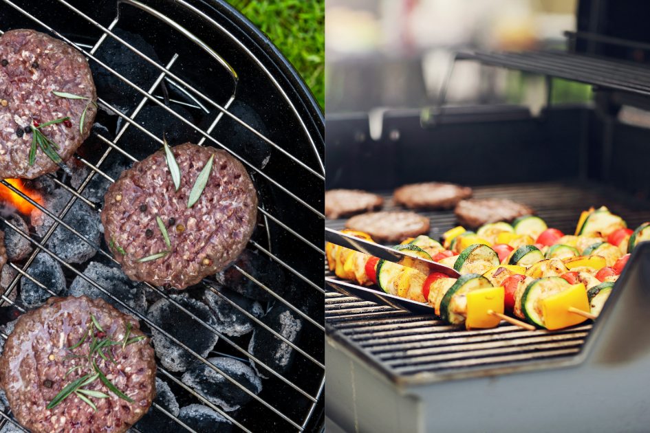 Split screen with a charcoal grill on he left cooking burger patties and a gas grill on the right cooking skewers