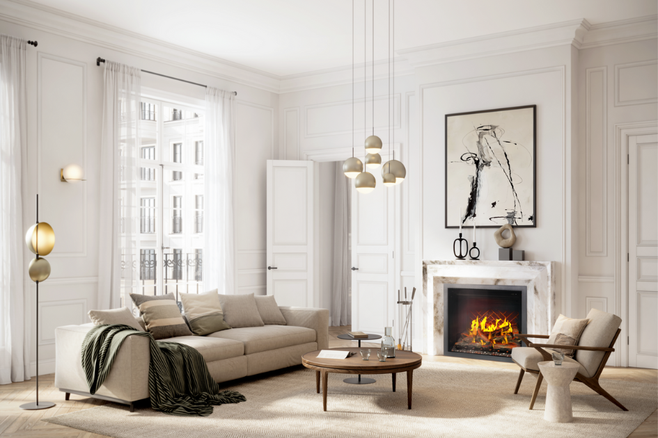 A light neutral palette covered living room is brought together by a fireplace 
